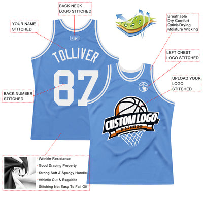 Custom Light Blue White Authentic Throwback Basketball Jersey