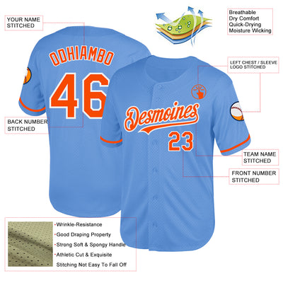 Custom Light Blue Orange-White Mesh Authentic Throwback Baseball Jersey