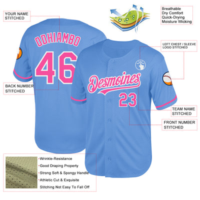 Custom Light Blue Pink-White Mesh Authentic Throwback Baseball Jersey