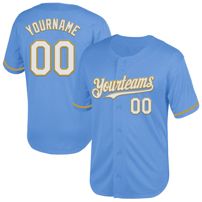 Custom Light Blue White-Old Gold Mesh Authentic Throwback Baseball Jersey