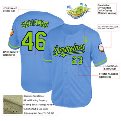 Custom Light Blue Neon Green-Navy Mesh Authentic Throwback Baseball Jersey