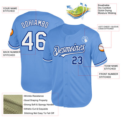 Custom Light Blue White-Royal Mesh Authentic Throwback Baseball Jersey