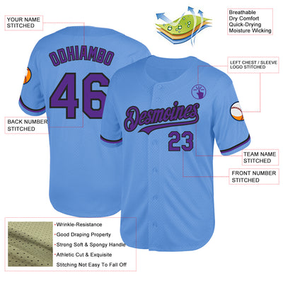 Custom Light Blue Purple-Black Mesh Authentic Throwback Baseball Jersey