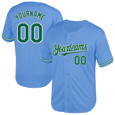 Custom Light Blue Kelly Green-White Mesh Authentic Throwback Baseball Jersey