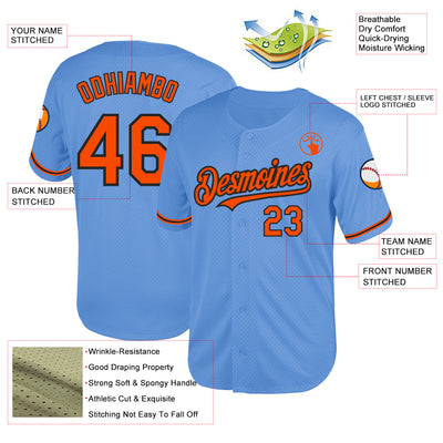 Custom Light Blue Orange-Black Mesh Authentic Throwback Baseball Jersey