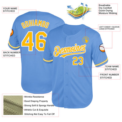 Custom Light Blue Gold-White Mesh Authentic Throwback Baseball Jersey