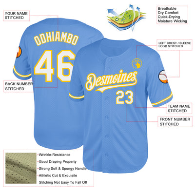 Custom Light Blue White-Yellow Mesh Authentic Throwback Baseball Jersey