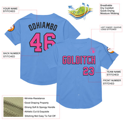 Custom Light Blue Pink-Black Mesh Authentic Throwback Baseball Jersey