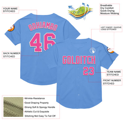 Custom Light Blue Pink-White Mesh Authentic Throwback Baseball Jersey