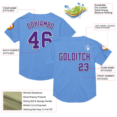 Custom Light Blue Purple-White Mesh Authentic Throwback Baseball Jersey