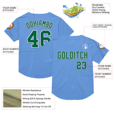 Custom Light Blue Kelly Green-White Mesh Authentic Throwback Baseball Jersey