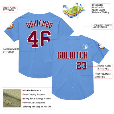 Custom Light Blue Maroon-White Mesh Authentic Throwback Baseball Jersey