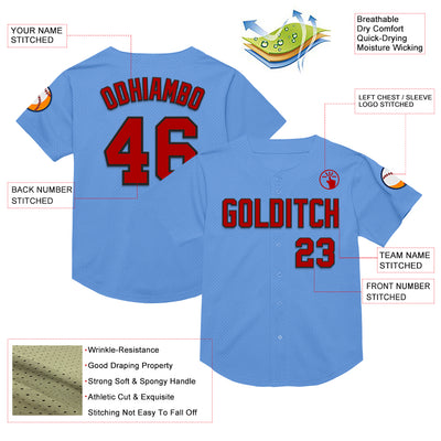 Custom Light Blue Red-Black Mesh Authentic Throwback Baseball Jersey