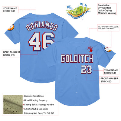 Custom Light Blue Royal-Red Mesh Authentic Throwback Baseball Jersey