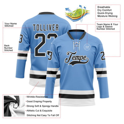 Custom Light Blue Black-White Hockey Lace Neck Jersey