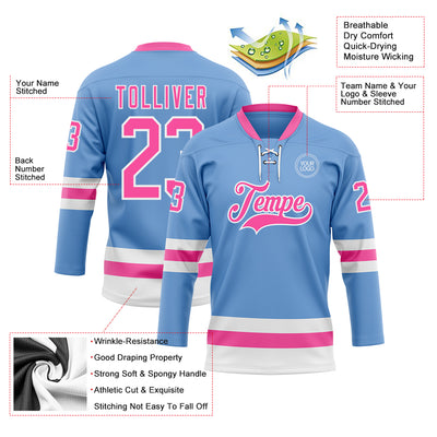 Custom Light Blue Pink-White Hockey Lace Neck Jersey