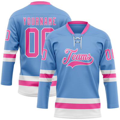 Custom Light Blue Pink-White Hockey Lace Neck Jersey