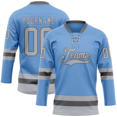 Custom Light Blue Gray-Steel Gray Hockey Lace Neck Jersey