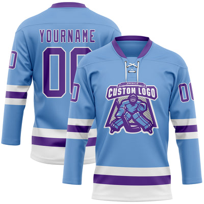 Custom Light Blue Purple-White Hockey Lace Neck Jersey