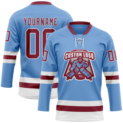 Custom Light Blue Crimson-White Hockey Lace Neck Jersey