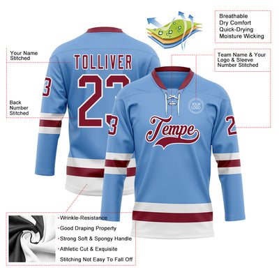 Custom Light Blue Crimson-White Hockey Lace Neck Jersey