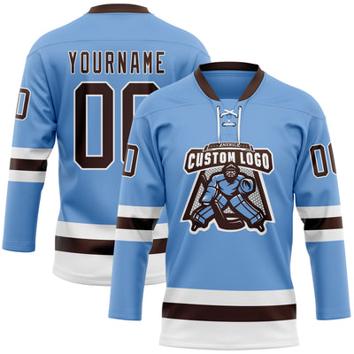 Custom Light Blue Brown-White Hockey Lace Neck Jersey