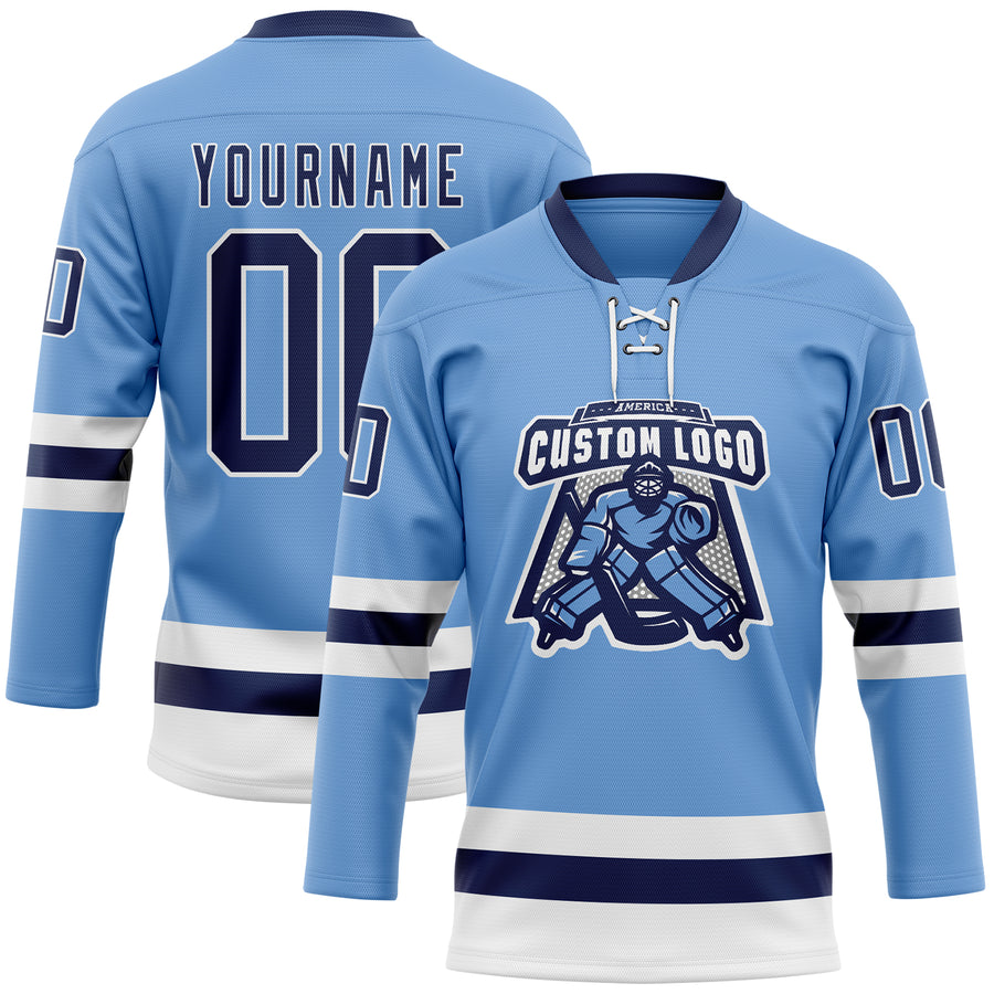 Custom Light Blue Navy-White Hockey Lace Neck Jersey