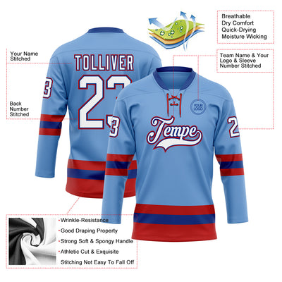 Custom Light Blue Royal-Red Hockey Lace Neck Jersey