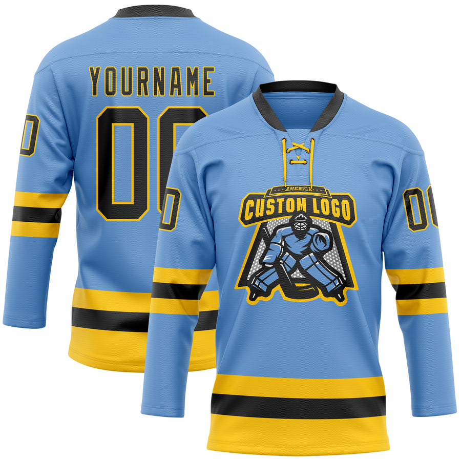 Custom Light Blue Black-Yellow Hockey Lace Neck Jersey