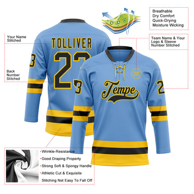 Custom Light Blue Black-Yellow Hockey Lace Neck Jersey