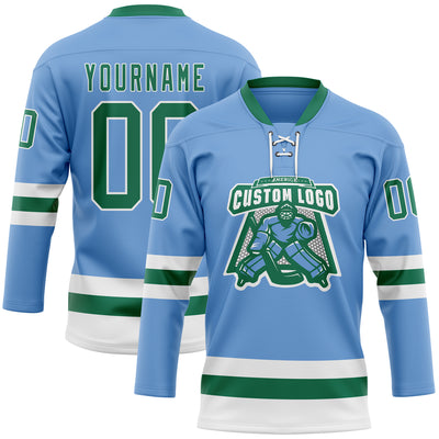 Custom Light Blue Kelly Green-White Hockey Lace Neck Jersey