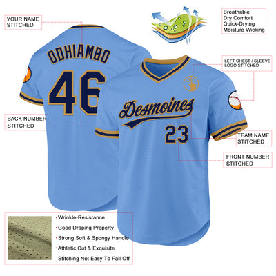 Custom Light Blue Navy-Old Gold Authentic Throwback Baseball Jersey