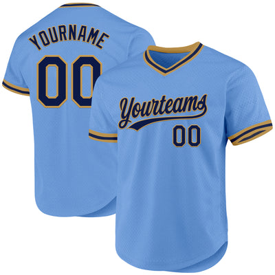 Custom Light Blue Navy-Old Gold Authentic Throwback Baseball Jersey