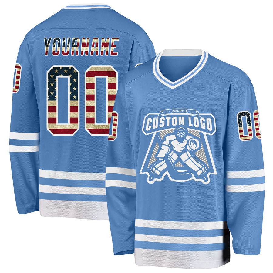 Custom Light Blue Vintage USA Flag-White Hockey Jersey