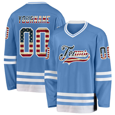 Custom Light Blue Vintage USA Flag-White Hockey Jersey