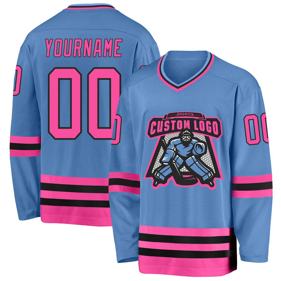 Custom Light Blue Pink-Black Hockey Jersey