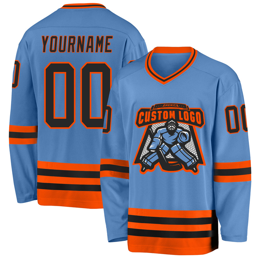 Custom Light Blue Black-Orange Hockey Jersey