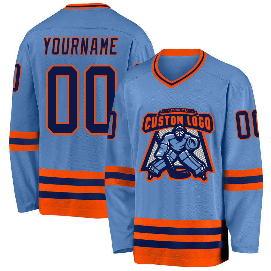 Custom Light Blue Navy-Orange Hockey Jersey