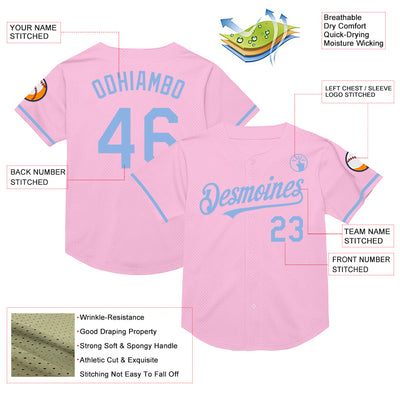 Custom Light Pink Light Blue Mesh Authentic Throwback Baseball Jersey