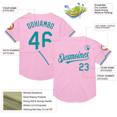 Custom Light Pink Teal Mesh Authentic Throwback Baseball Jersey