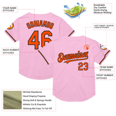 Custom Light Pink Orange-Black Mesh Authentic Throwback Baseball Jersey