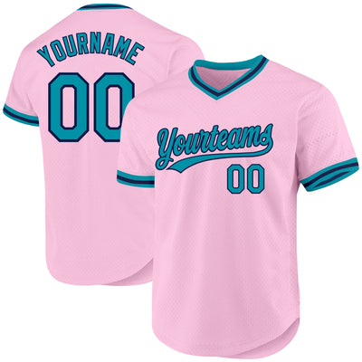 Custom Light Pink Teal-Navy Authentic Throwback Baseball Jersey