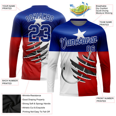 Custom Royal Red-White 3D Texas Flag And Fish Hook Fishing Long Sleeve Performance T-Shirt