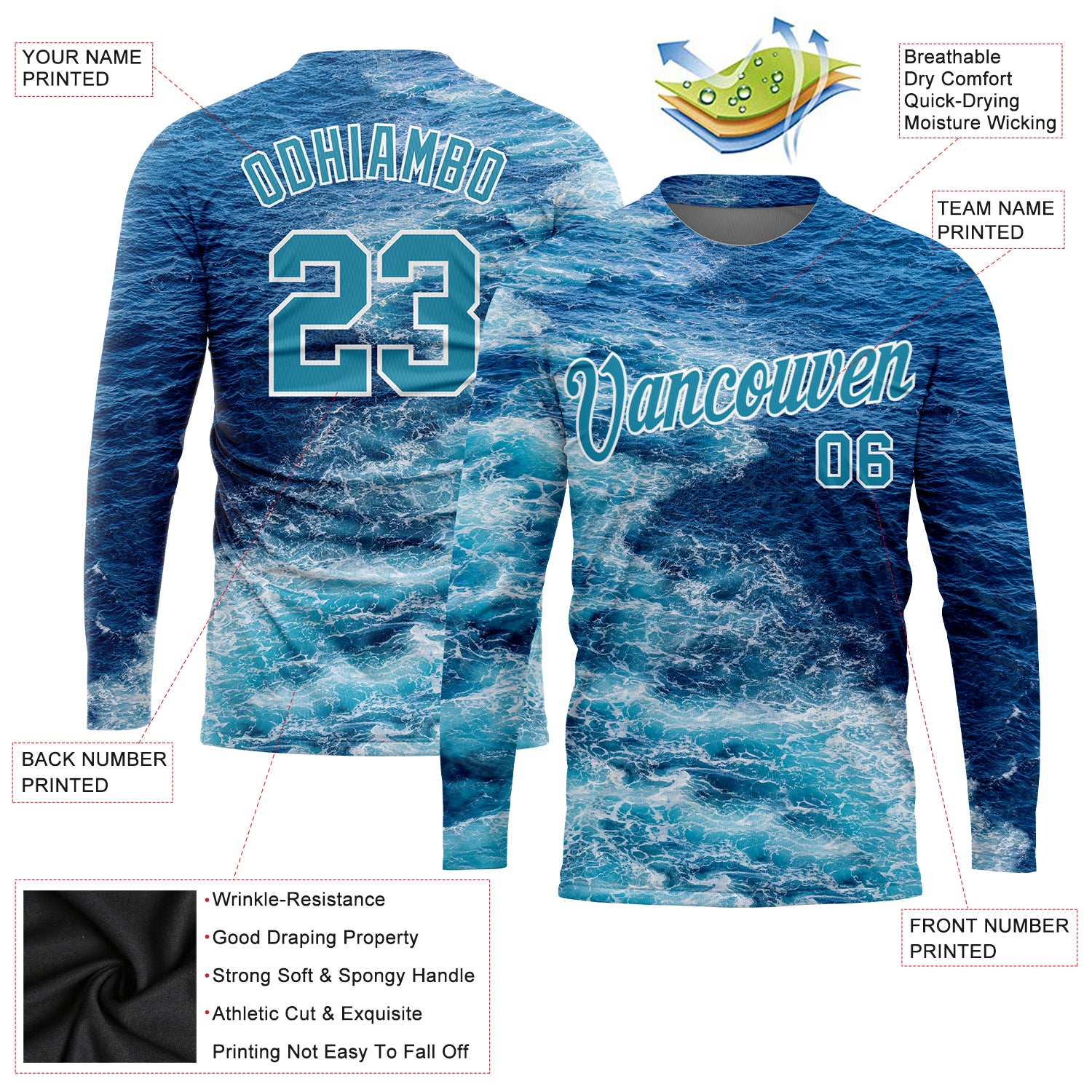 Custom Lakes Blue Royal-White 3D Sea Wave Fishing Long Sleeve Performance T-Shirt