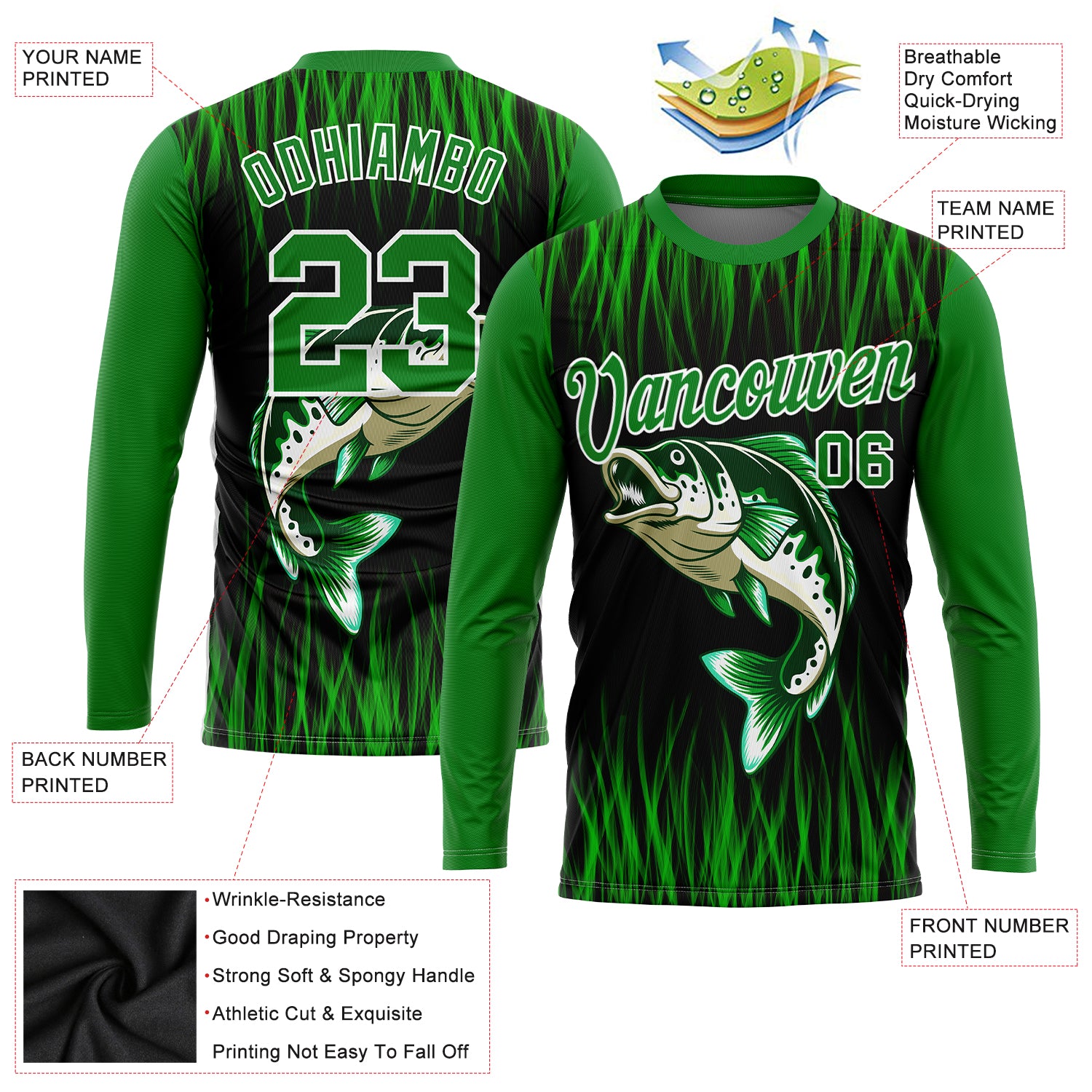 Custom Grass Green Black-White 3D Bass Fish Fishing Long Sleeve Performance T-Shirt