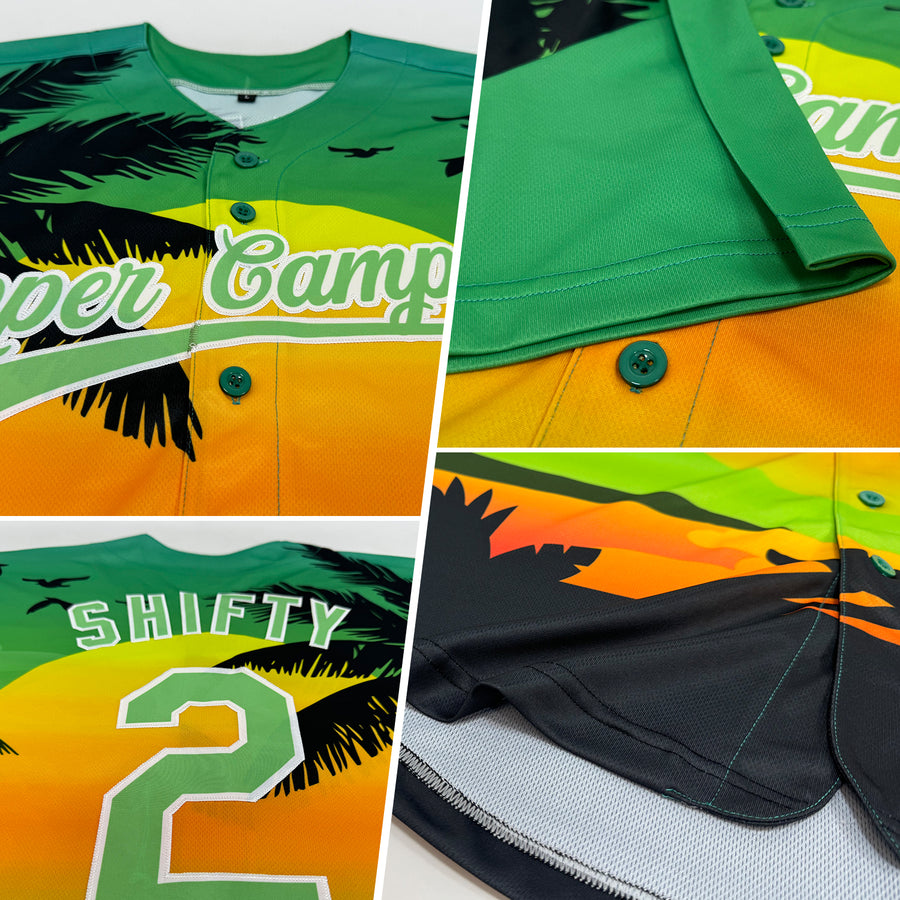 Custom Pea Green Black-White 3D Pattern Design Hawaii Palm Trees And Beach Sunset Authentic Baseball Jersey