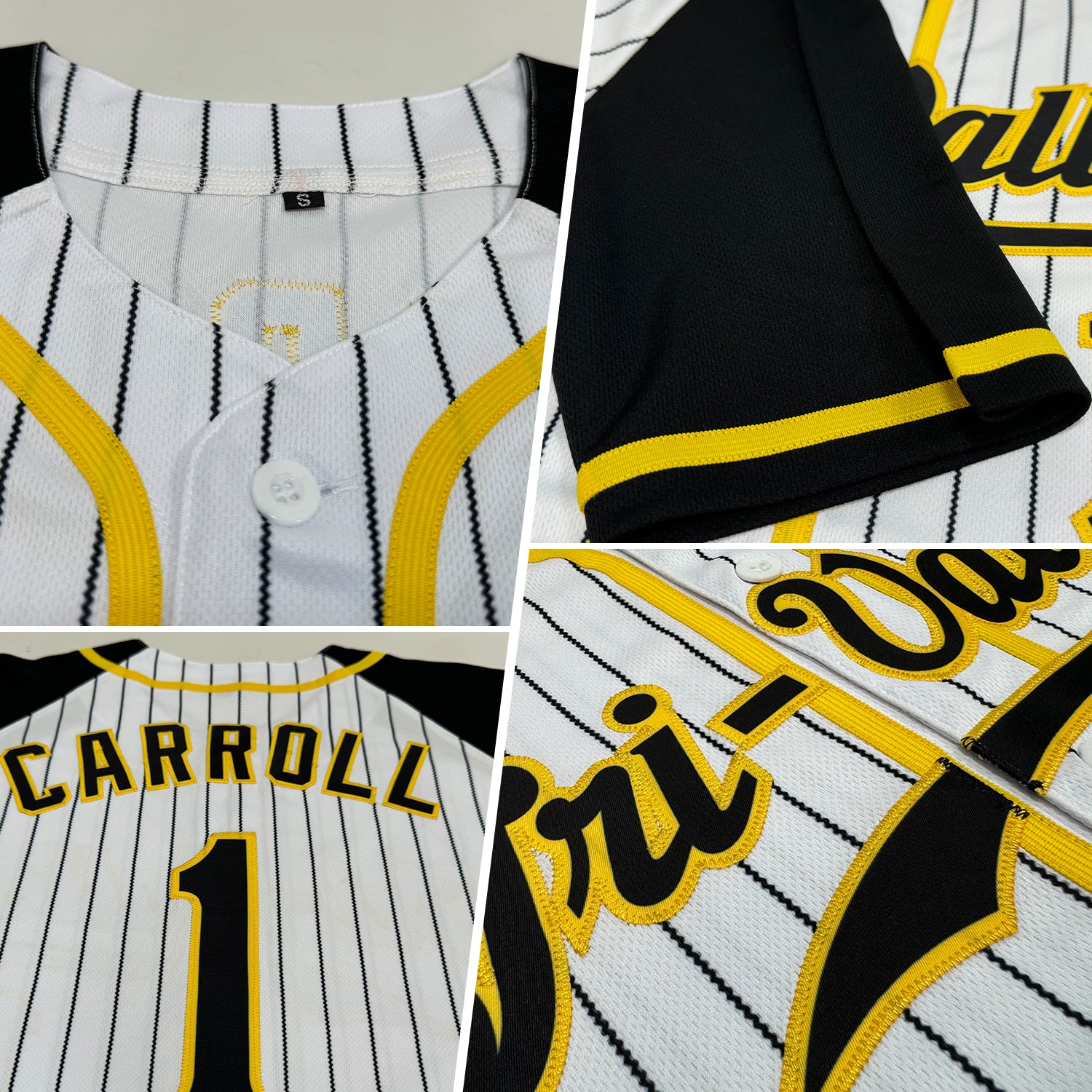 Custom White Black Pinstripe Black-Gold Authentic Raglan Sleeves Baseball Jersey