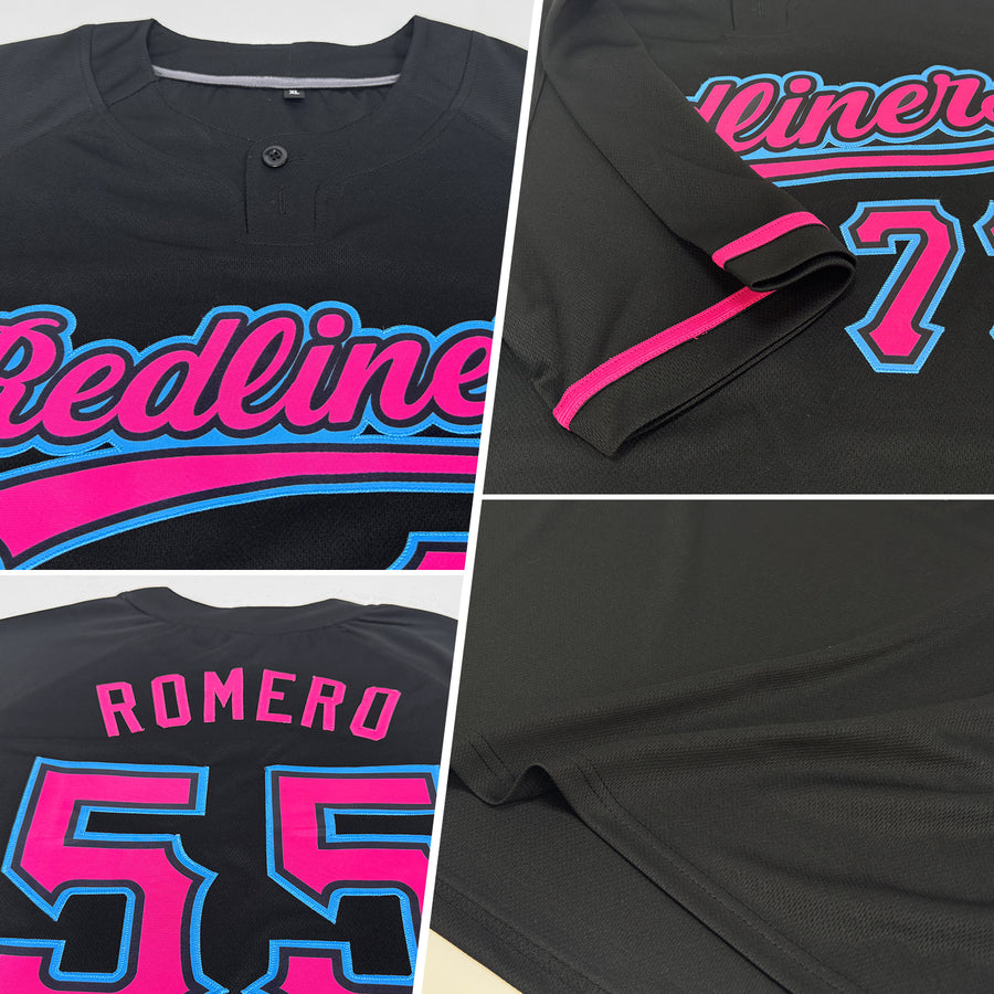 Custom Black Pink-Sky Blue Two-Button Unisex Softball Jersey