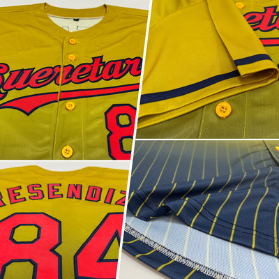 Custom Old Gold Pinstripe Red-Navy Authentic Fade Fashion Baseball Jersey