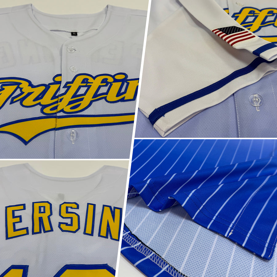 Custom White Pinstripe Yellow-Royal Authentic Fade Fashion Baseball Jersey